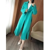 image:imagechouyatou Womens Winter Wool Trench Coat Flare Fishtail Hem Loose Fit Warm Mid Long Overcoat with BeltLake Green