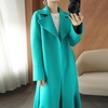 image:imagechouyatou Womens Winter Wool Trench Coat Flare Fishtail Hem Loose Fit Warm Mid Long Overcoat with BeltLake Green