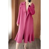 image:imagechouyatou Womens Winter Wool Trench Coat Flare Fishtail Hem Loose Fit Warm Mid Long Overcoat with BeltPink