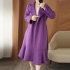 image:imagechouyatou Womens Winter Wool Trench Coat Flare Fishtail Hem Loose Fit Warm Mid Long Overcoat with BeltPurple