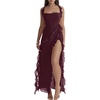 image:imagechouyatou Womens Beach Ruffle Spaghetti Strap Dress Sexy Backless High Split Ruched Lace Boho Maxi DressBurgundy
