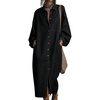 image:imagechouyatou Womens Retro Long Sleeve Denim Shirt Dress Loose V Neck Button Down Midi Jean Dress with PocketsBlack