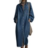image:imagechouyatou Womens Retro Long Sleeve Denim Shirt Dress Loose V Neck Button Down Midi Jean Dress with PocketsBlue