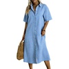 image:imagechouyatou Womens Summer Short Sleeve Gingham Shirt Dress Button Down Casual Loose Plaid Beach Tunic Midi Long DressBlue