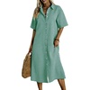 image:imagechouyatou Womens Summer Short Sleeve Gingham Shirt Dress Button Down Casual Loose Plaid Beach Tunic Midi Long DressGreen