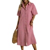 image:imagechouyatou Womens Summer Short Sleeve Gingham Shirt Dress Button Down Casual Loose Plaid Beach Tunic Midi Long DressRed