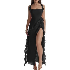 image:imagechouyatou Womens Beach Ruffle Spaghetti Strap Dress Sexy Backless High Split Ruched Lace Boho Maxi DressBlack