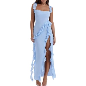 image:imagechouyatou Womens Beach Ruffle Spaghetti Strap Dress Sexy Backless High Split Ruched Lace Boho Maxi DressBlue