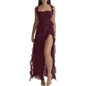 image:imagechouyatou Womens Beach Ruffle Spaghetti Strap Dress Sexy Backless High Split Ruched Lace Boho Maxi DressBurgundy