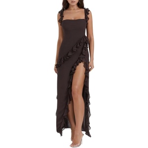 image:imagechouyatou Womens Beach Ruffle Spaghetti Strap Dress Sexy Backless High Split Ruched Lace Boho Maxi DressCoffee