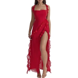 image:imagechouyatou Womens Beach Ruffle Spaghetti Strap Dress Sexy Backless High Split Ruched Lace Boho Maxi DressRed