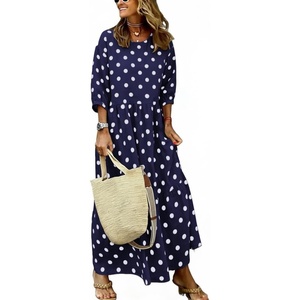image:imagechouyatou Womens Cute Polka Dot Maxi Dress Casual Loose 34 Sleeve ALine Tiered Long Beach Sun DressNavy Blue