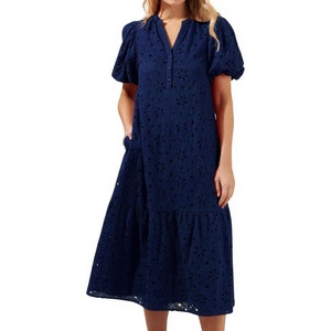 image:imagechouyatou Womens Elegant Lace Eyelet Embroidery Beach Dress VNeck Puff Sleeve Flowy Swing Midi Tunic DressNavy Blue