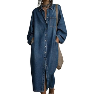image:imagechouyatou Womens Retro Long Sleeve Denim Shirt Dress Loose V Neck Button Down Midi Jean Dress with PocketsBlue