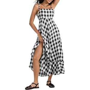 image:imagechouyatou Womens Summer Boho Sleeveless Plaid Gingham Smocked Dress Spaghetti Strap Flowy Maxi SundressBlack