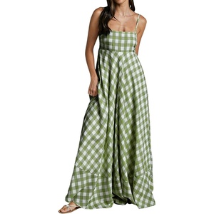 image:imagechouyatou Womens Summer Boho Sleeveless Plaid Gingham Smocked Dress Spaghetti Strap Flowy Maxi SundressGreen