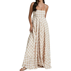 image:imagechouyatou Womens Summer Boho Sleeveless Plaid Gingham Smocked Dress Spaghetti Strap Flowy Maxi SundressKhaki