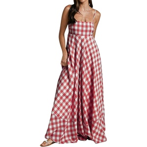 image:imagechouyatou Womens Summer Boho Sleeveless Plaid Gingham Smocked Dress Spaghetti Strap Flowy Maxi SundressRed