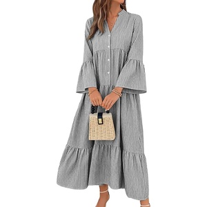 image:imagechouyatou Womens Summer Boho Striped Shirt Dress Casual Loose 34 Trumpet Sleeve ALine Tiered Maxi Long DressBlack