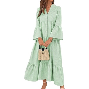 image:imagechouyatou Womens Summer Boho Striped Shirt Dress Casual Loose 34 Trumpet Sleeve ALine Tiered Maxi Long DressGreen