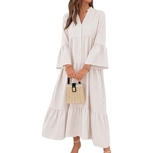image:imagechouyatou Womens Summer Boho Striped Shirt Dress Casual Loose 34 Trumpet Sleeve ALine Tiered Maxi Long DressKhaki