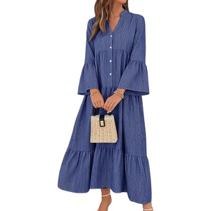 image:imagechouyatou Womens Summer Boho Striped Shirt Dress Casual Loose 34 Trumpet Sleeve ALine Tiered Maxi Long DressNavy Blue