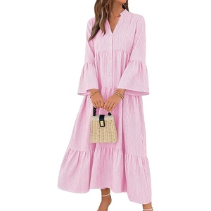 image:imagechouyatou Womens Summer Boho Striped Shirt Dress Casual Loose 34 Trumpet Sleeve ALine Tiered Maxi Long DressPink