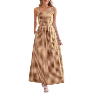 image:imagechouyatou Womens Summer Plaid Smocked Back Dress Spaghetti Strap Swing Flowy Maxi Long Beach DressDark Yellow