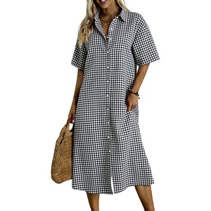 image:imagechouyatou Womens Summer Short Sleeve Gingham Shirt Dress Button Down Casual Loose Plaid Beach Tunic Midi Long DressBlack