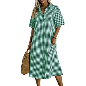 image:imagechouyatou Womens Summer Short Sleeve Gingham Shirt Dress Button Down Casual Loose Plaid Beach Tunic Midi Long DressGreen