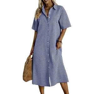 image:imagechouyatou Womens Summer Short Sleeve Gingham Shirt Dress Button Down Casual Loose Plaid Beach Tunic Midi Long DressNavy