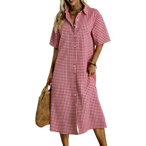 image:imagechouyatou Womens Summer Short Sleeve Gingham Shirt Dress Button Down Casual Loose Plaid Beach Tunic Midi Long DressRed