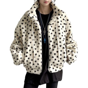 image:imagechouyatou Womens Warm Fall Winter Heart Print Fleece Sherpa Jacket Stand Collar Zip Up Teddy Faux Fur CoatBeige