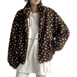 image:imagechouyatou Womens Warm Fall Winter Heart Print Fleece Sherpa Jacket Stand Collar Zip Up Teddy Faux Fur CoatCoffe