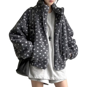 image:imagechouyatou Womens Warm Fall Winter Heart Print Fleece Sherpa Jacket Stand Collar Zip Up Teddy Faux Fur CoatGrey