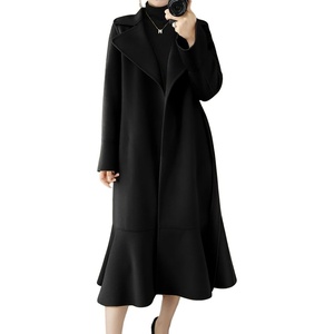 image:imagechouyatou Womens Winter Wool Trench Coat Flare Fishtail Hem Loose Fit Warm Mid Long Overcoat with BeltBlack