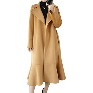 image:imagechouyatou Womens Winter Wool Trench Coat Flare Fishtail Hem Loose Fit Warm Mid Long Overcoat with BeltCamel