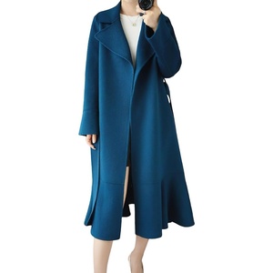image:imagechouyatou Womens Winter Wool Trench Coat Flare Fishtail Hem Loose Fit Warm Mid Long Overcoat with BeltDark Blue