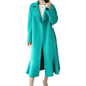image:imagechouyatou Womens Winter Wool Trench Coat Flare Fishtail Hem Loose Fit Warm Mid Long Overcoat with BeltLake Green