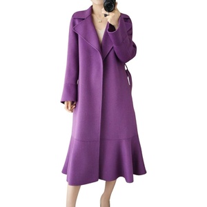 image:imagechouyatou Womens Winter Wool Trench Coat Flare Fishtail Hem Loose Fit Warm Mid Long Overcoat with BeltPurple