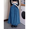 image:imagechouyatou Womens A Line Mid Rise Denim Skirt Raw Hem Flare Maxi Long Jean Skirt with PocketsDark Blue
