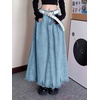 image:imagechouyatou Womens A Line Mid Rise Denim Skirt Raw Hem Flare Maxi Long Jean Skirt with PocketsLight Blue