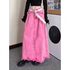 image:imagechouyatou Womens A Line Mid Rise Denim Skirt Raw Hem Flare Maxi Long Jean Skirt with PocketsPink