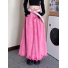 image:imagechouyatou Womens A Line Mid Rise Denim Skirt Raw Hem Flare Maxi Long Jean Skirt with PocketsPink