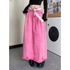 image:imagechouyatou Womens A Line Mid Rise Denim Skirt Raw Hem Flare Maxi Long Jean Skirt with PocketsPink