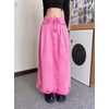 image:imagechouyatou Womens A Line Mid Rise Denim Skirt Raw Hem Flare Maxi Long Jean Skirt with PocketsPink