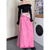image:imagechouyatou Womens A Line Mid Rise Denim Skirt Raw Hem Flare Maxi Long Jean Skirt with PocketsPink