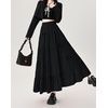 image:imagechouyatou Womens Casual Elastic Waist Ruffle Hem Skirt Vintage Bow Trim Pleated Flowy Swing Long SkirtBlack