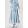 image:imagechouyatou Womens Casual Elastic Waist Ruffle Hem Skirt Vintage Bow Trim Pleated Flowy Swing Long SkirtBlue