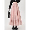 image:imagechouyatou Womens Casual Elastic Waist Ruffle Hem Skirt Vintage Bow Trim Pleated Flowy Swing Long SkirtPink